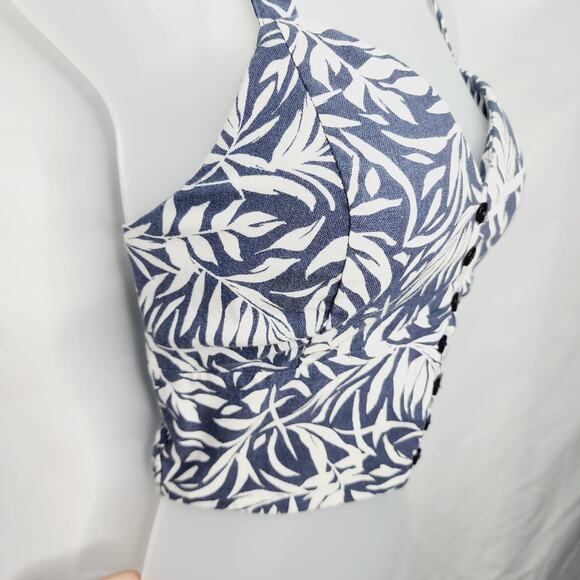 Haute Monde Blue & White Tropical Leaf Print V Neck Women's Crop Top Large - Picture 5 of 10
